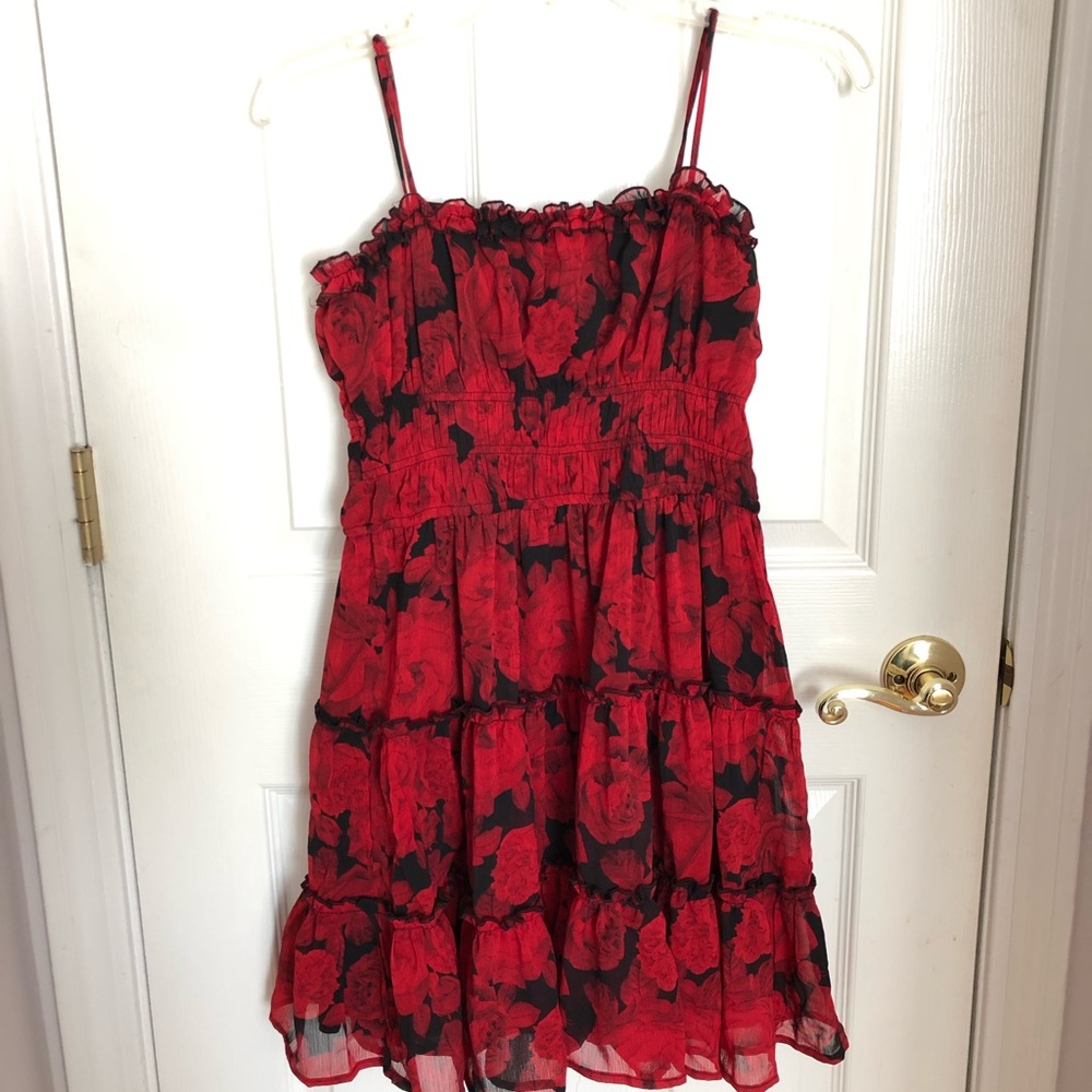 Floral print chiffon red & black dress